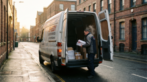 Courier loading overnight shipping parcels into a van at sunrise