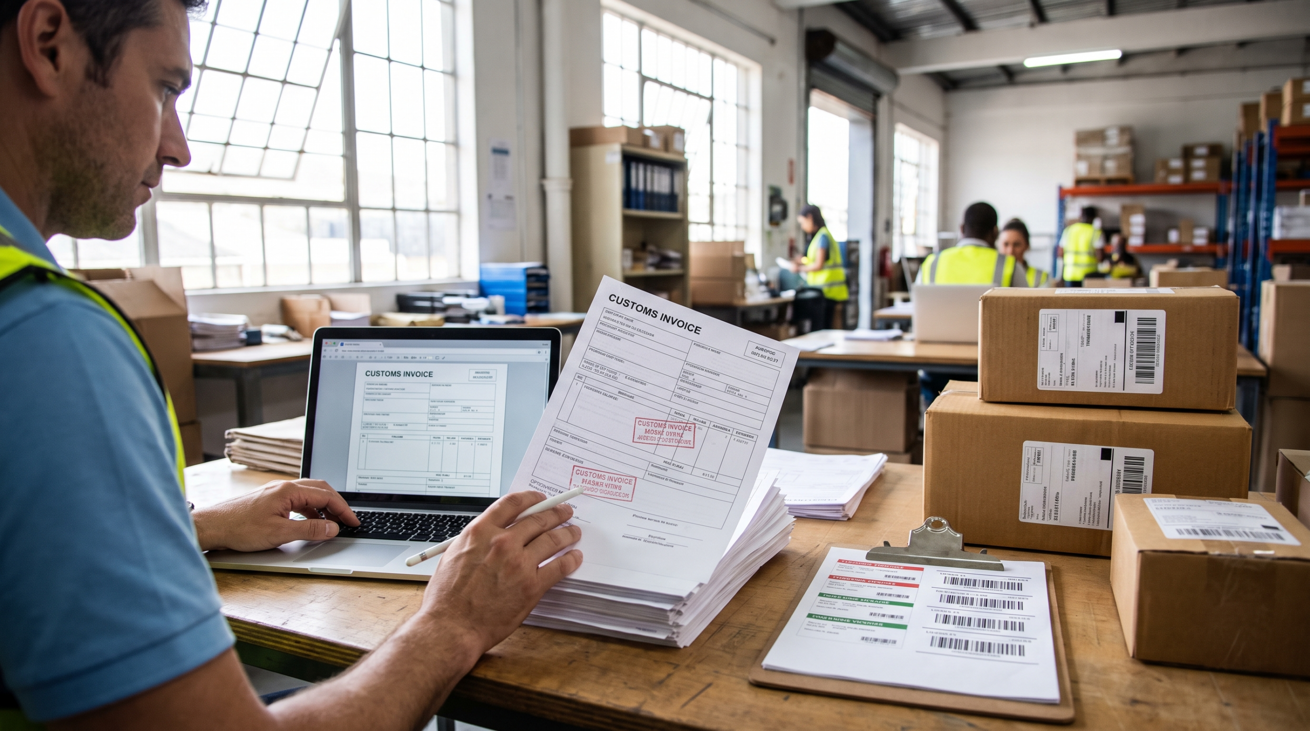 Shipping clerk avoiding paper document fees 2027 by filing customs invoices electronically instead of printing them
