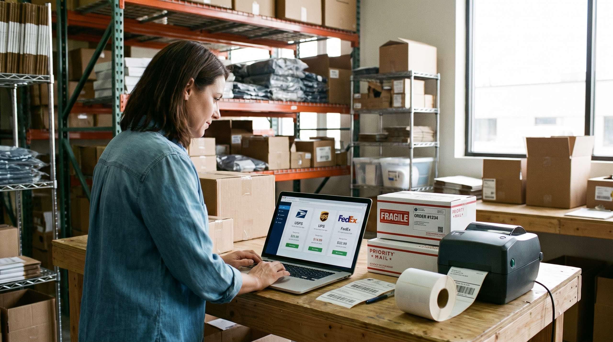 Shipper comparing carrier rates in shipping software at a packing station to cut label costs