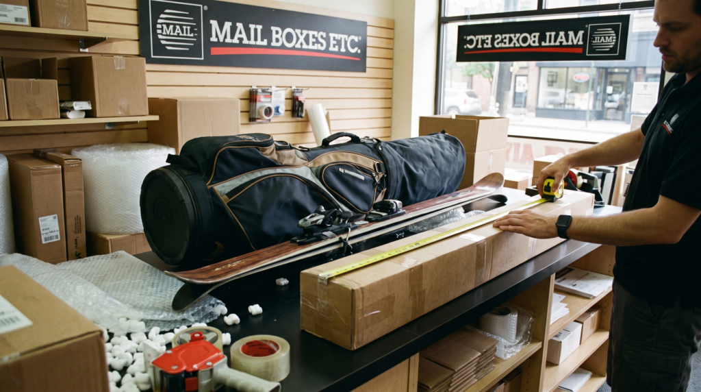A golf bag and skis measured next to a long, rigid shipping box to avoid oversize fees when shipping sports equipment