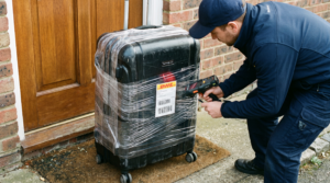 Courier scanning a shipping label on a wrapped suitcase at a front door - shipping luggage instead of paying airline bag fees