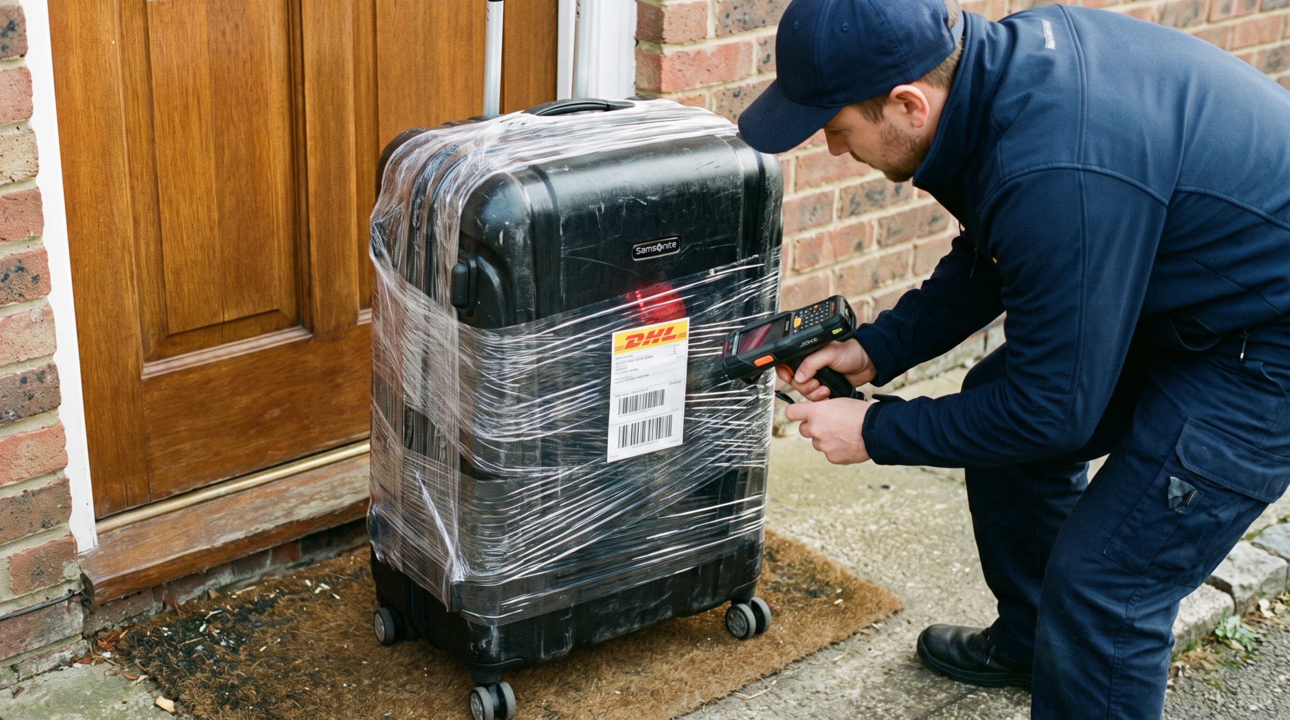 Courier scanning a shipping label on a wrapped suitcase at a front door - shipping luggage instead of paying airline bag fees