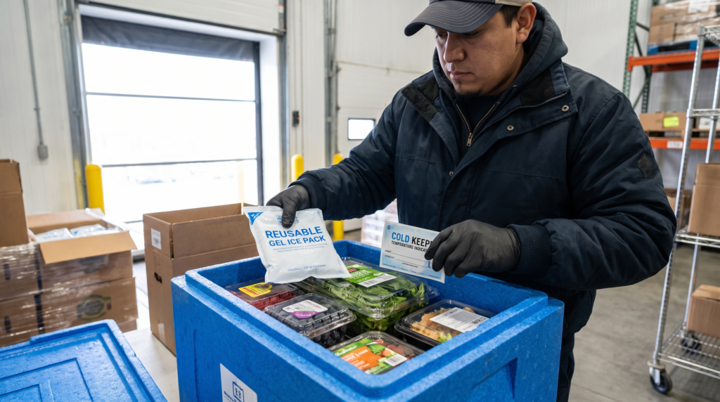 Worker packing insulated cooler box with gel packs for shipping perishable food in 2026