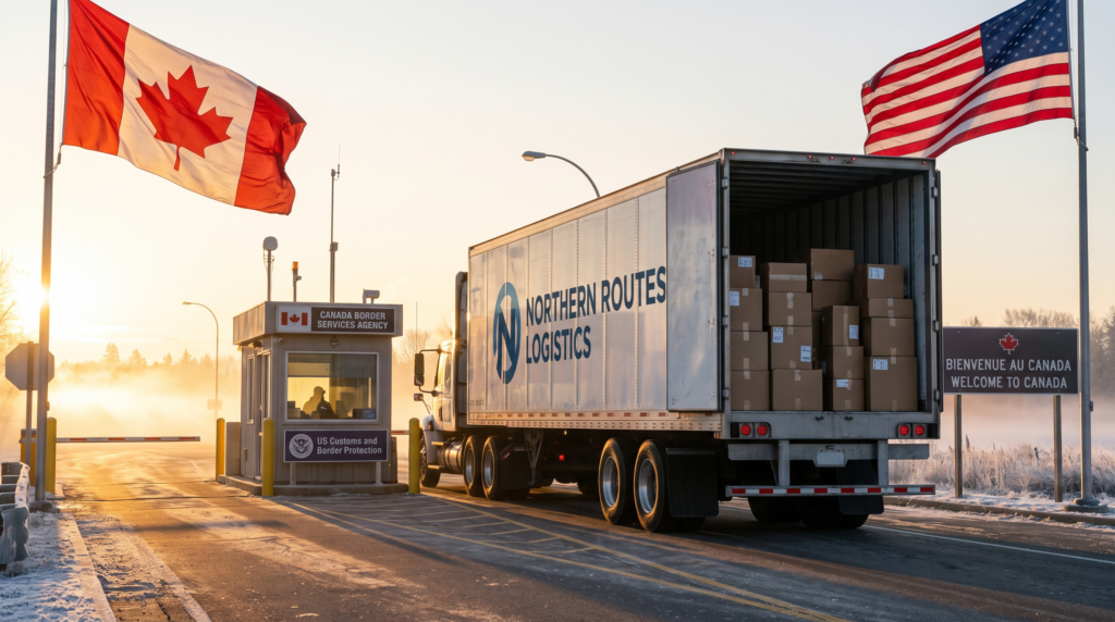 A delivery truck carrying packages crossing the U.S.-Canada border, illustrating shipping to Canada from the U.S. in 2026