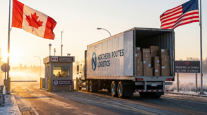 Delivery truck with parcels crossing the US-Canada border, illustrating shipping to Canada from the US in 2026