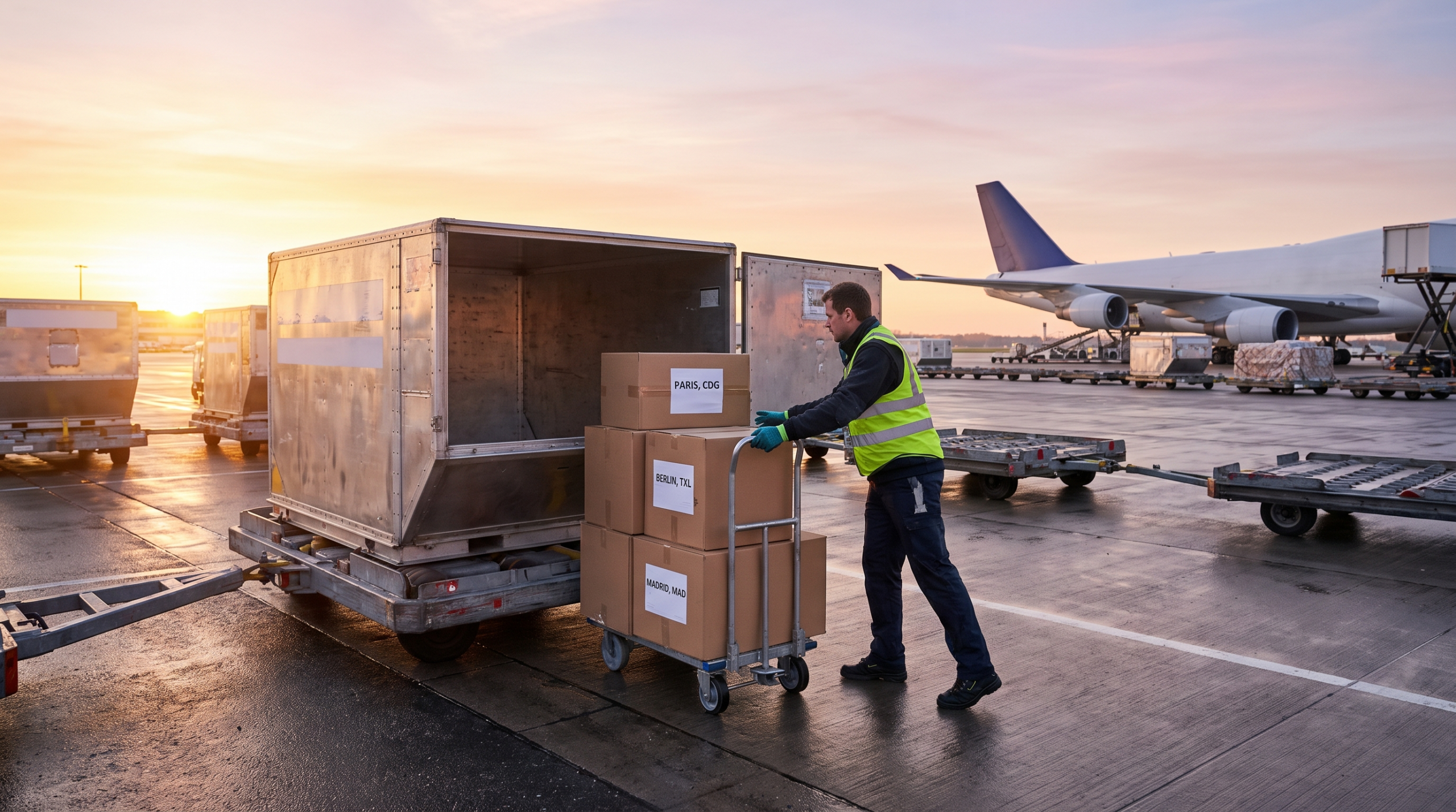 Packages loaded into an air cargo container for shipment to Europe from the U.S. in 2026