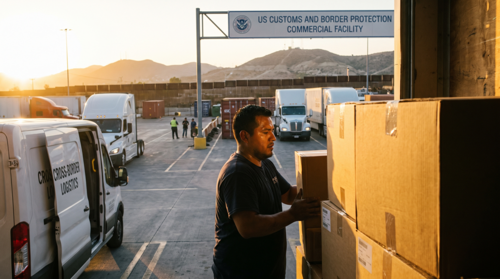 Workers loading boxes for shipment to Mexico from the U.S. at a logistics yard