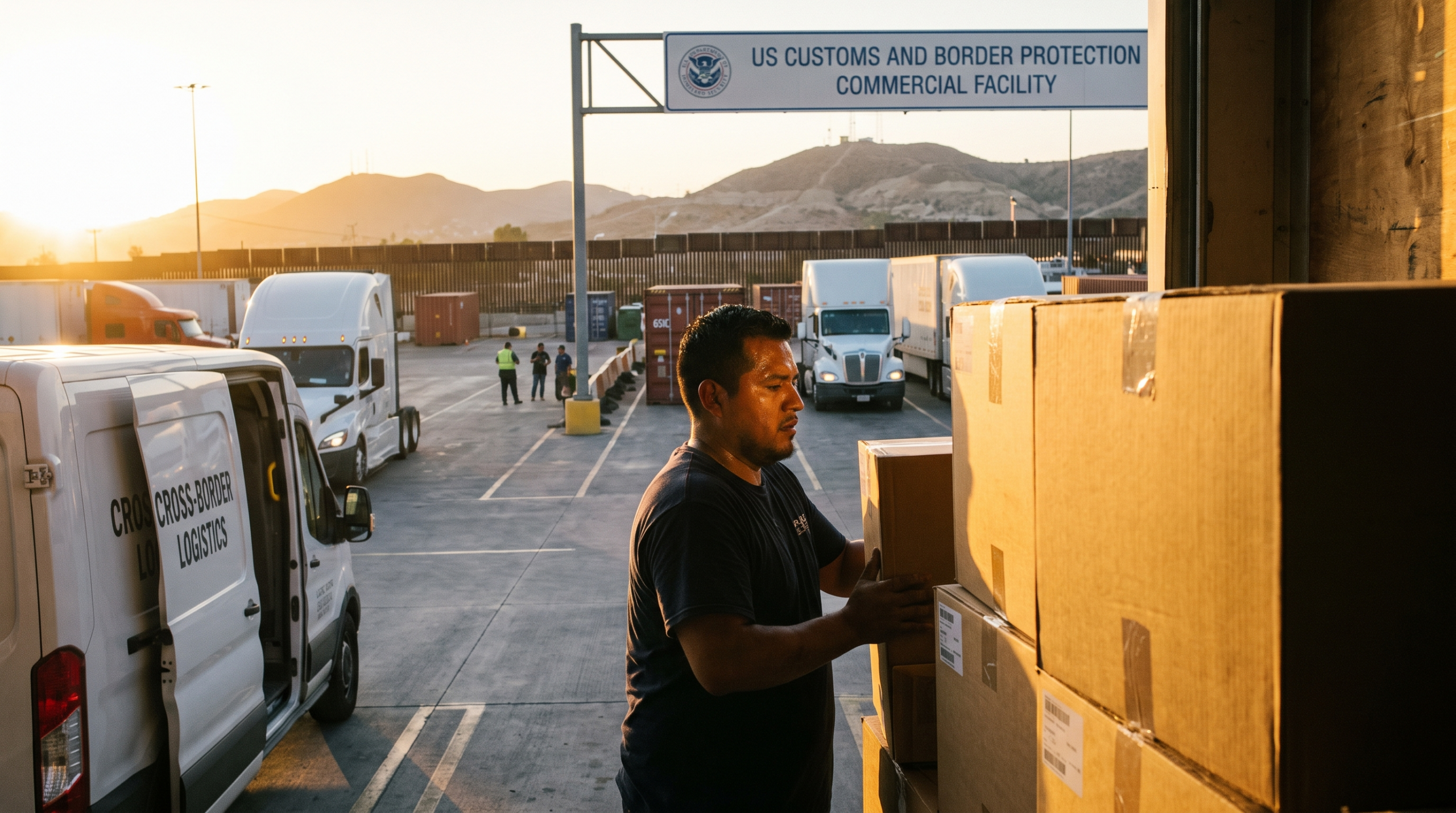 Workers loading boxes for shipment to Mexico from the U.S. at a logistics yard