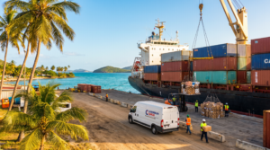 Shipping to Puerto Rico: parcels unloaded at a Caribbean port terminal