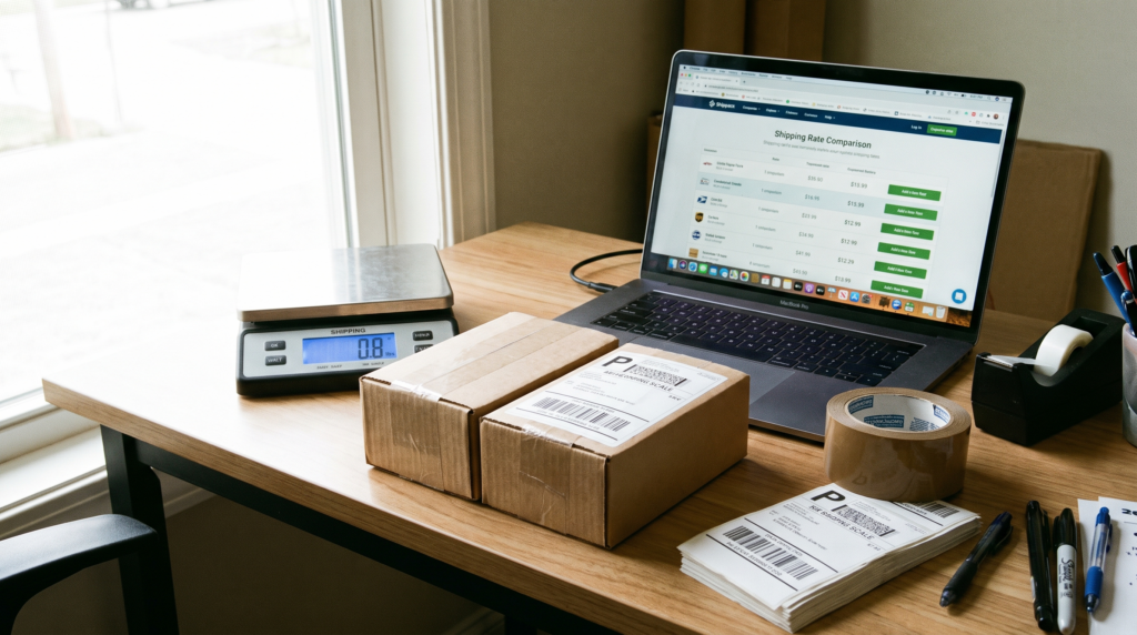 Lightweight packages on a desk with a shipping scale, comparing UPS Ground Saver and FedEx Ground Economy 2026 rates