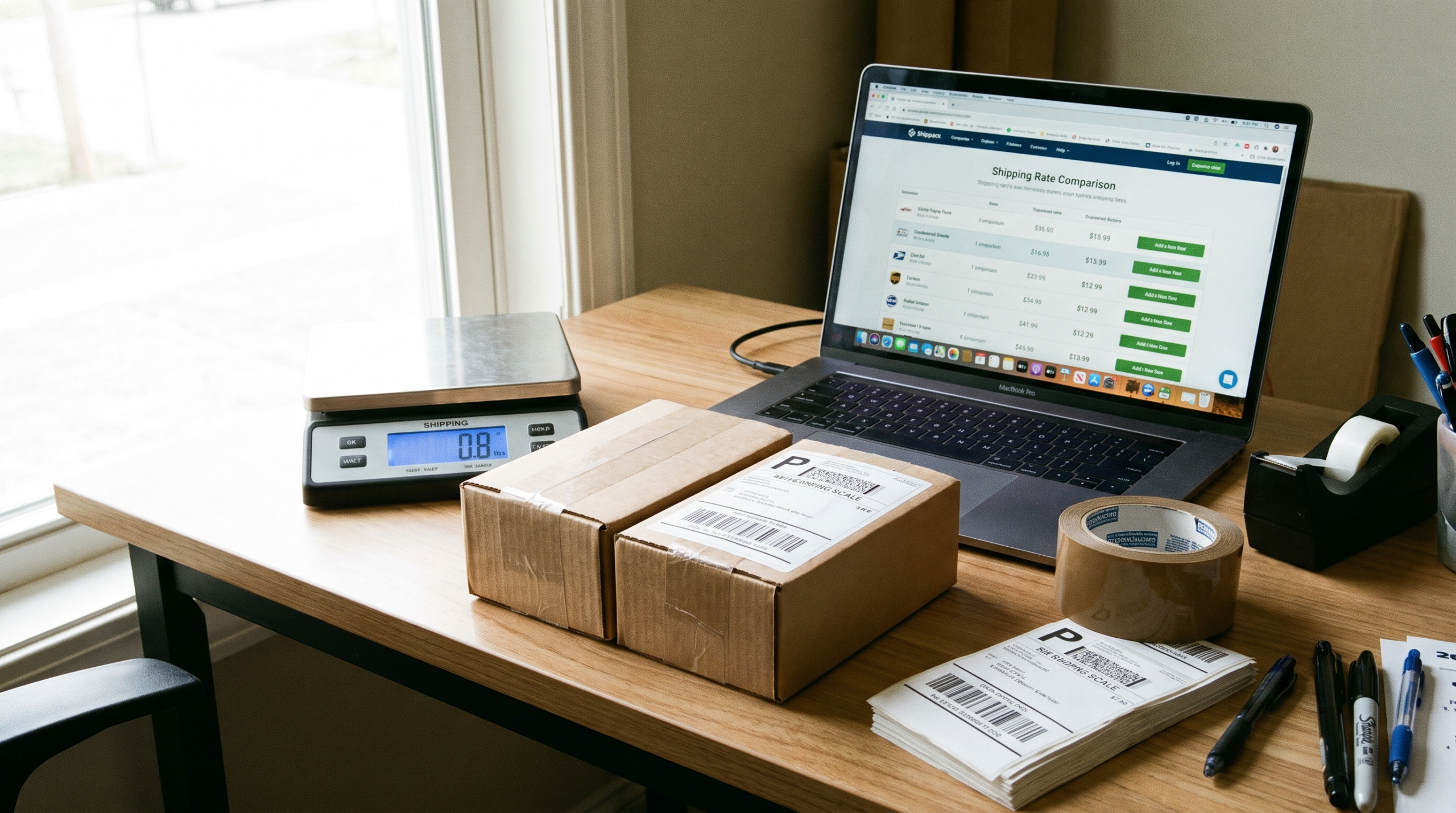 Lightweight packages on a desk with a shipping scale, comparing UPS Ground Saver and FedEx Ground Economy 2026 rates