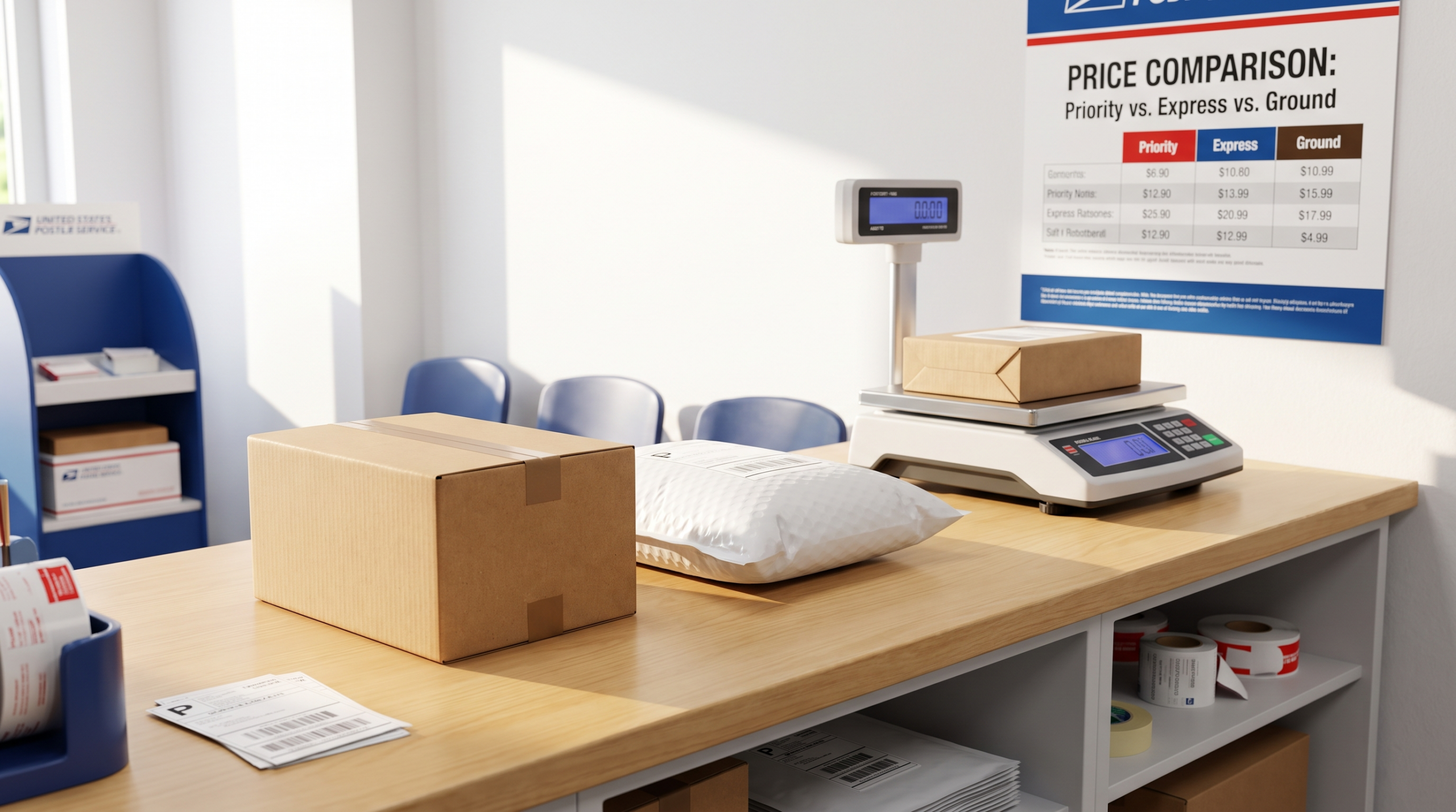 Comparison of USPS Ground Advantage and Priority Mail packages at a post office counter