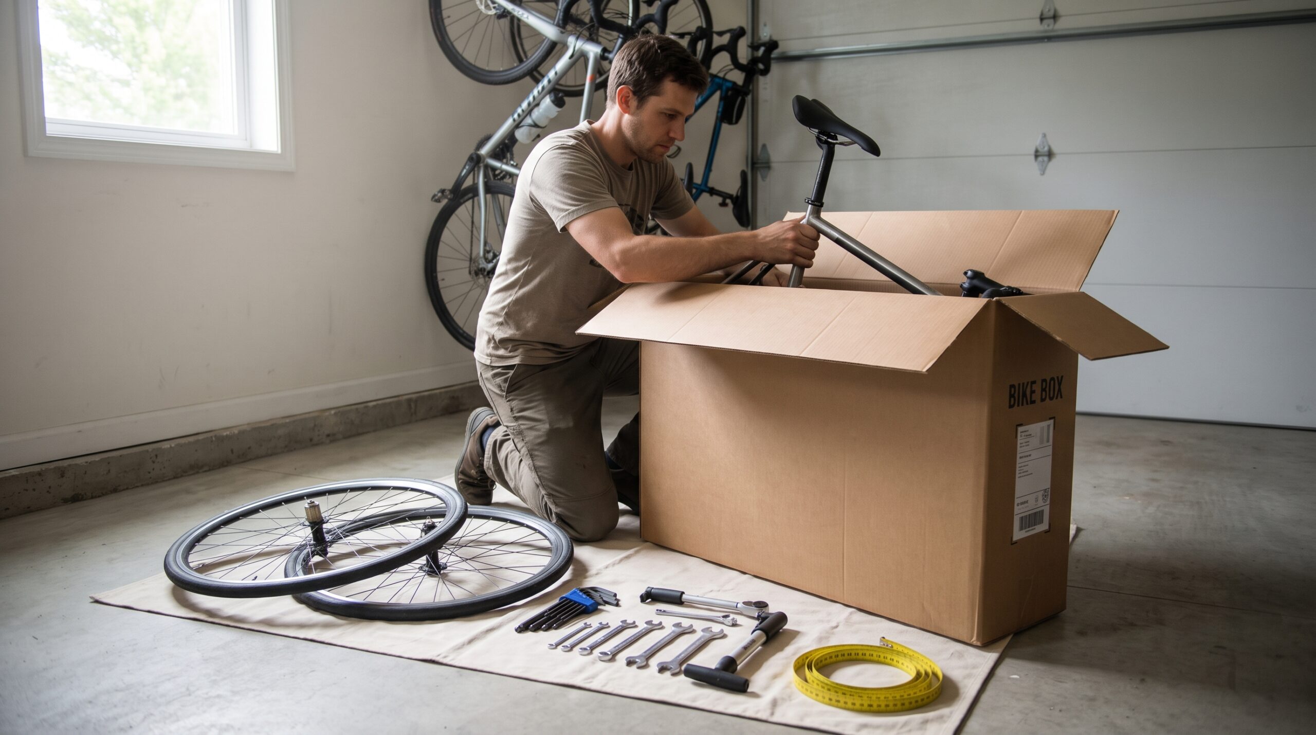 Cyclist packing a disassembled road bike into a flat cardboard bike box, the cheapest way to ship a bike in 2026