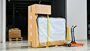 Compressed mattress in a tall cardboard box on a loading dock, showing the cheapest way to ship a mattress