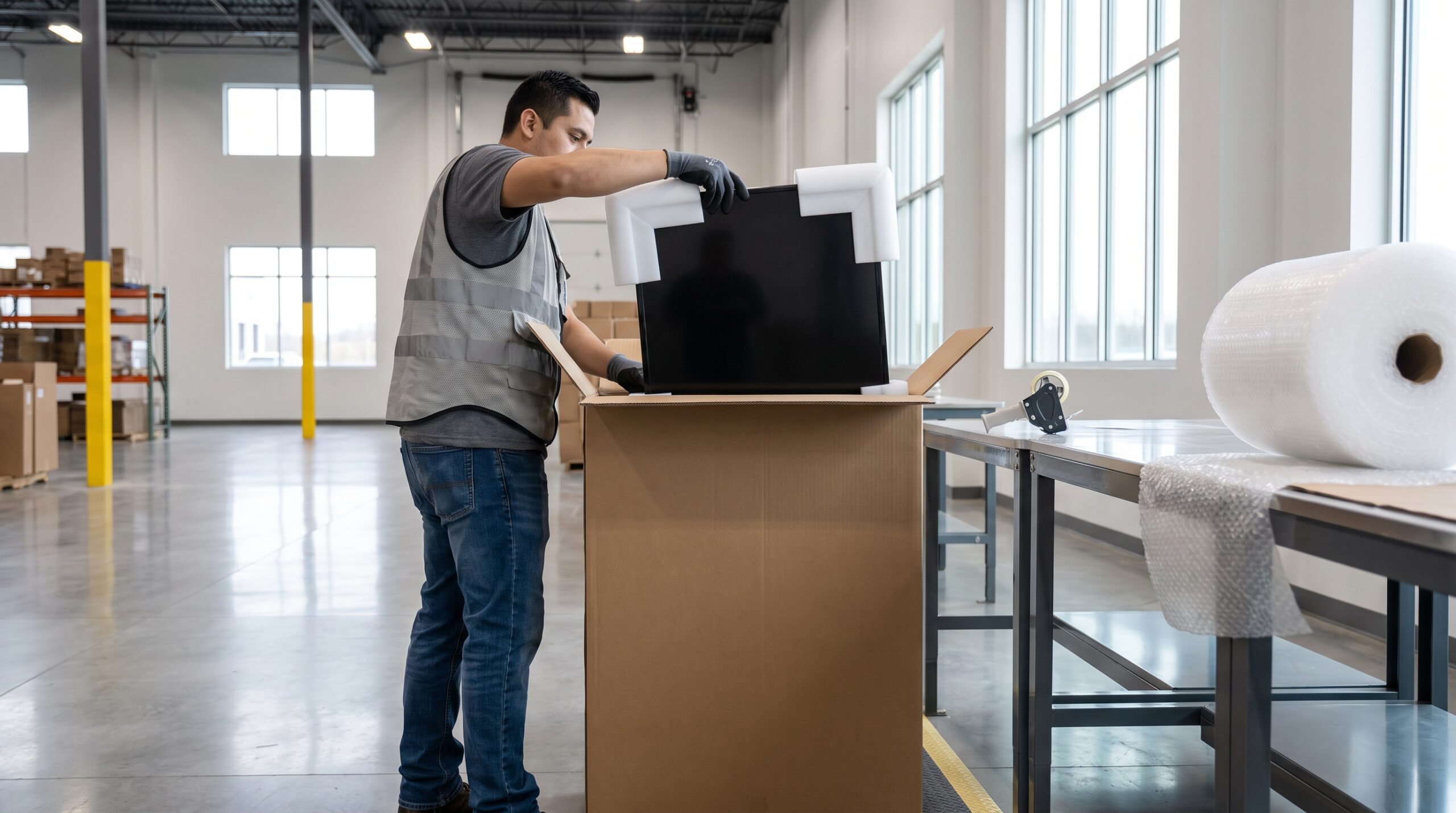 A worker packing a flat-screen TV into a double-wall box—the cheapest way to ship a TV in 2026