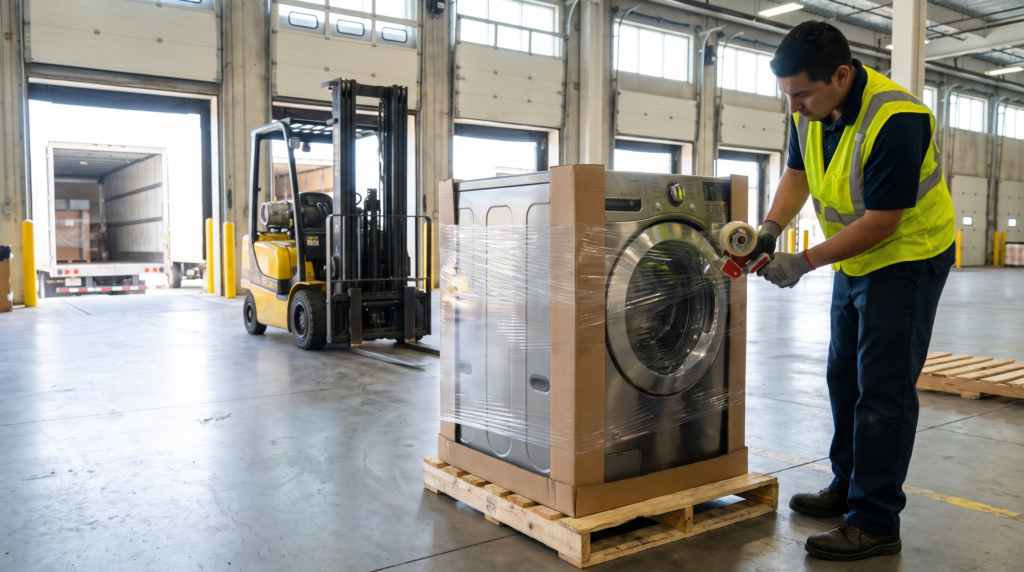 Washing machine palletized and shrink-wrapped for LTL freight, the cheapest way to ship appliances in 2026