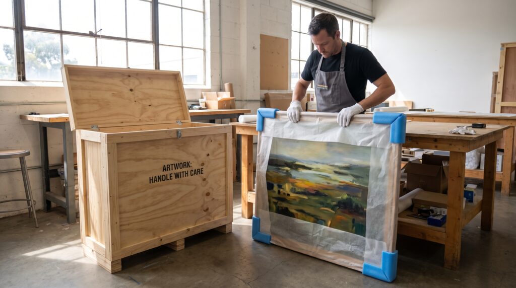 A packing specialist wrapping a framed painting next to a custom crate—the cheapest way to ship artwork