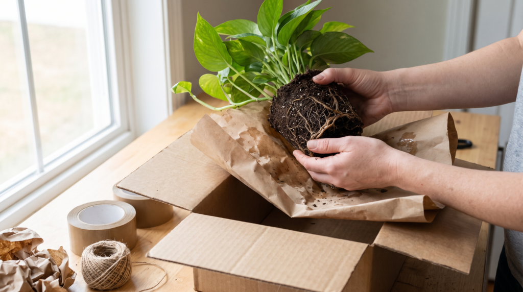 Hands wrapping a houseplant root ball in damp paper, the cheapest way to ship plants safely