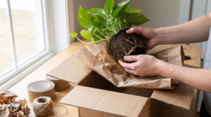 Hands wrapping a houseplant's root ball in damp paper—the cheapest way to ship plants safely