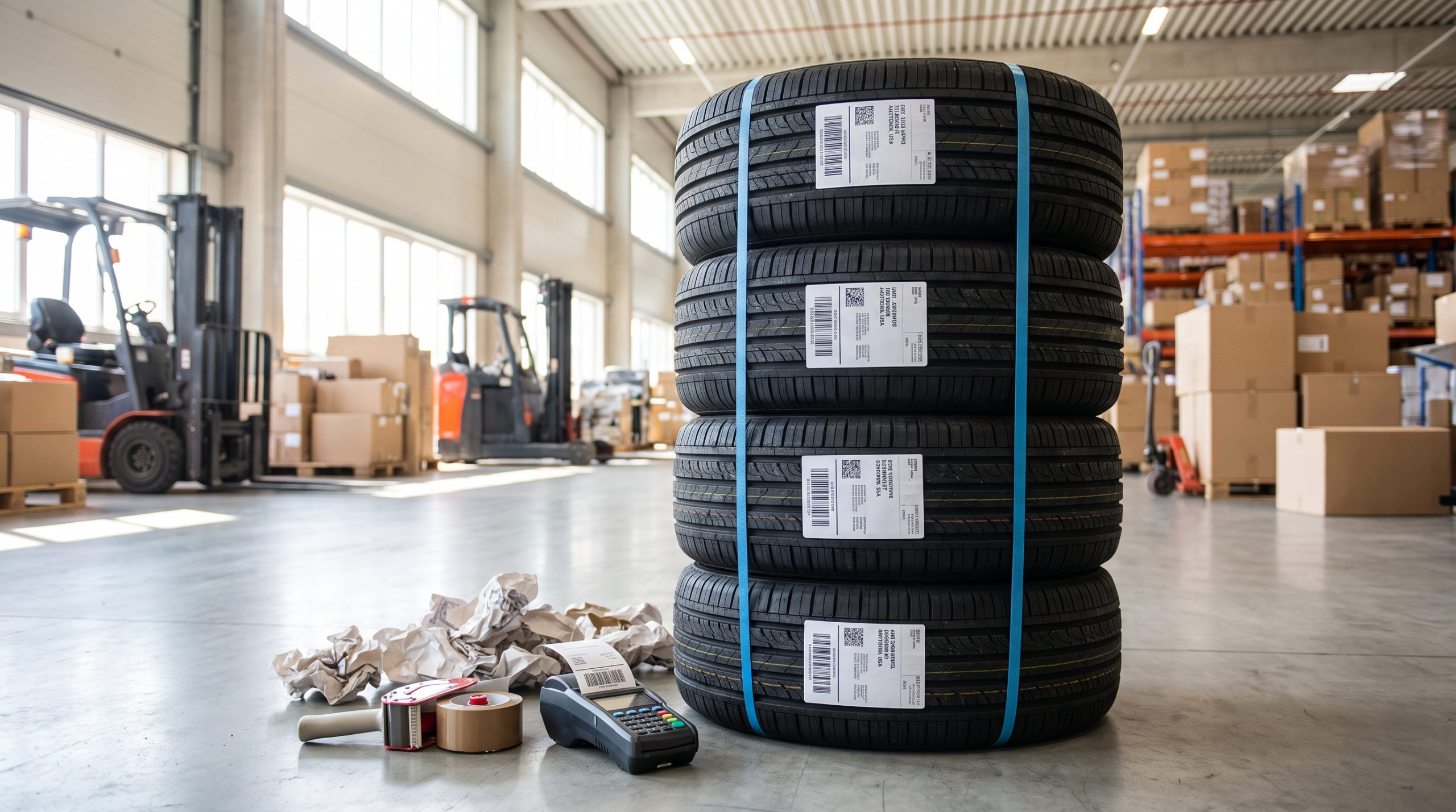 Stacked car tires with labels on the sidewall—the cheapest way to ship tires in 2026