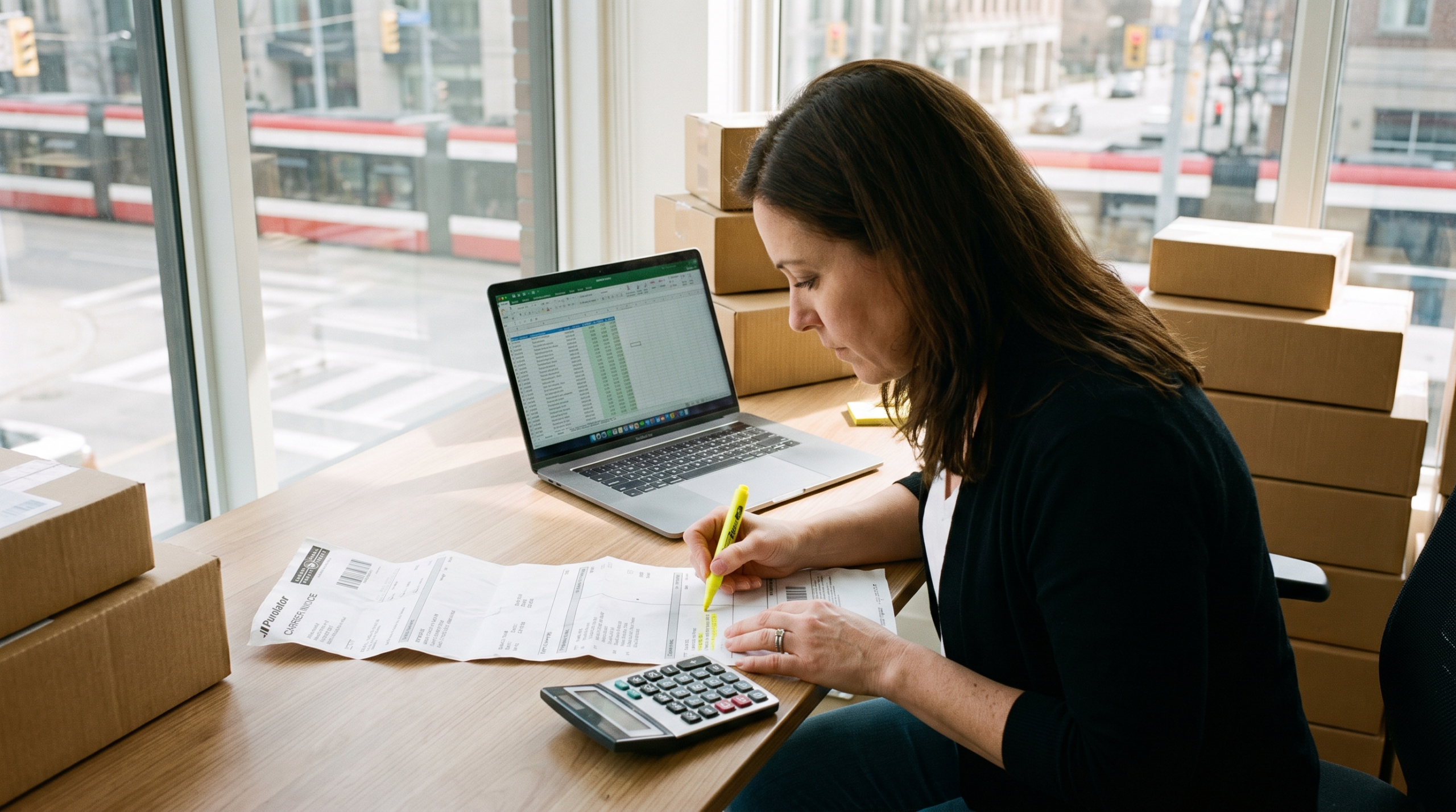 Shipper reviewing a carrier invoice with a calculator to work out the true cost per parcel in 2026