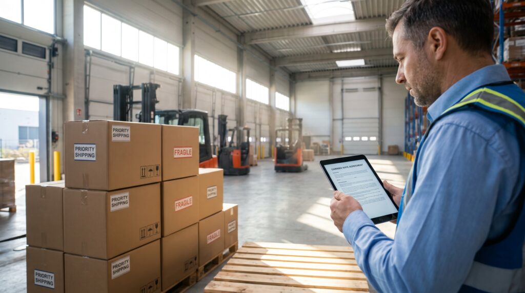 Shipping manager reviewing a carrier contract to unlock earned discounts in 2026