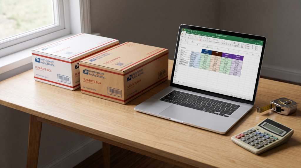 Two flat rate shipping boxes beside a laptop showing a rate comparison, illustrating FedEx One Rate vs UPS Simple Rate pricing in 2026