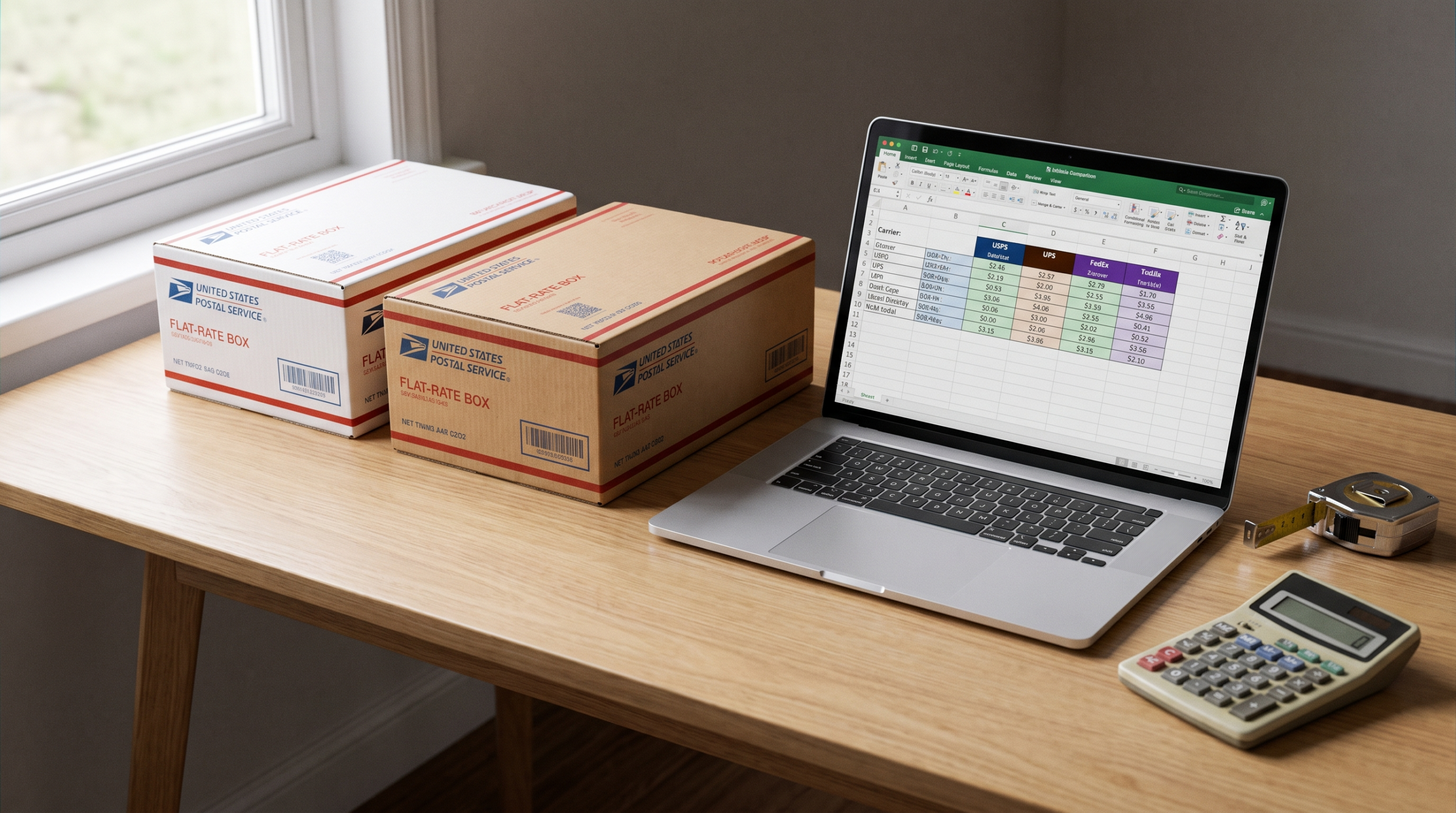 Two flat rate shipping boxes beside a laptop showing a rate comparison, illustrating FedEx One Rate vs UPS Simple Rate pricing in 2026