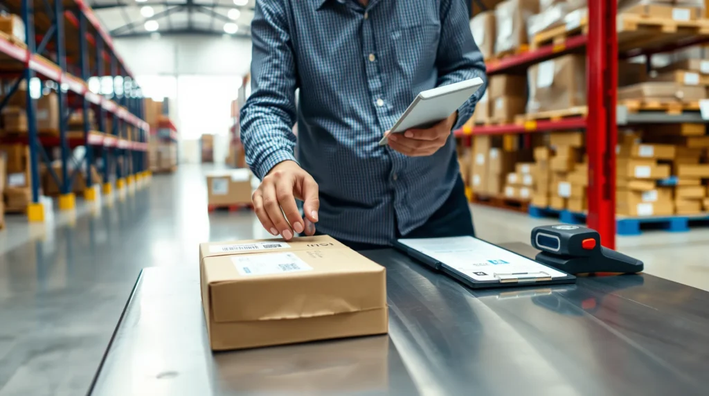 Warehouse worker checking a parcel label during HS code classification for 2026 import duty