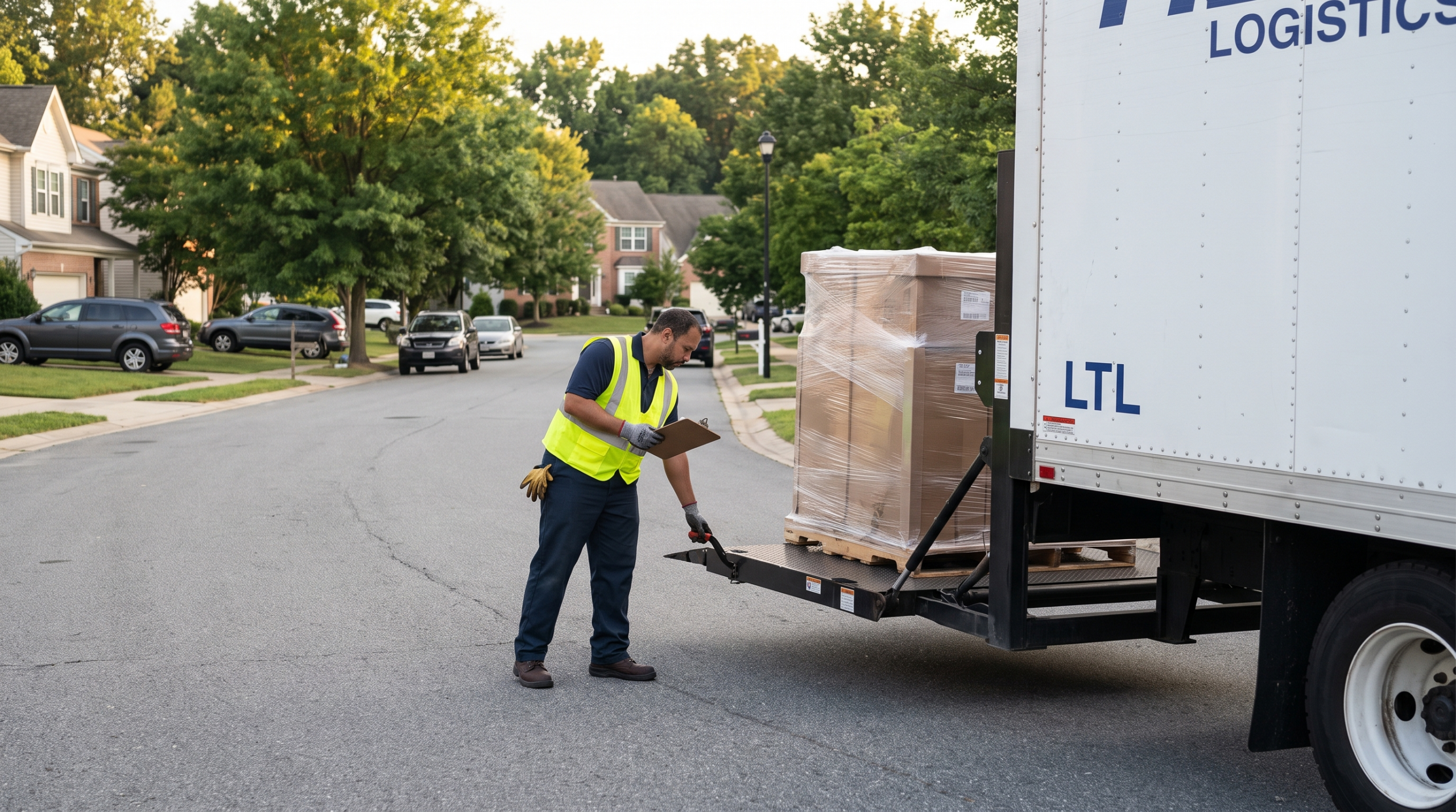 Driver using a liftgate to lower a pallet at a residential address, triggering LTL accessorial charges