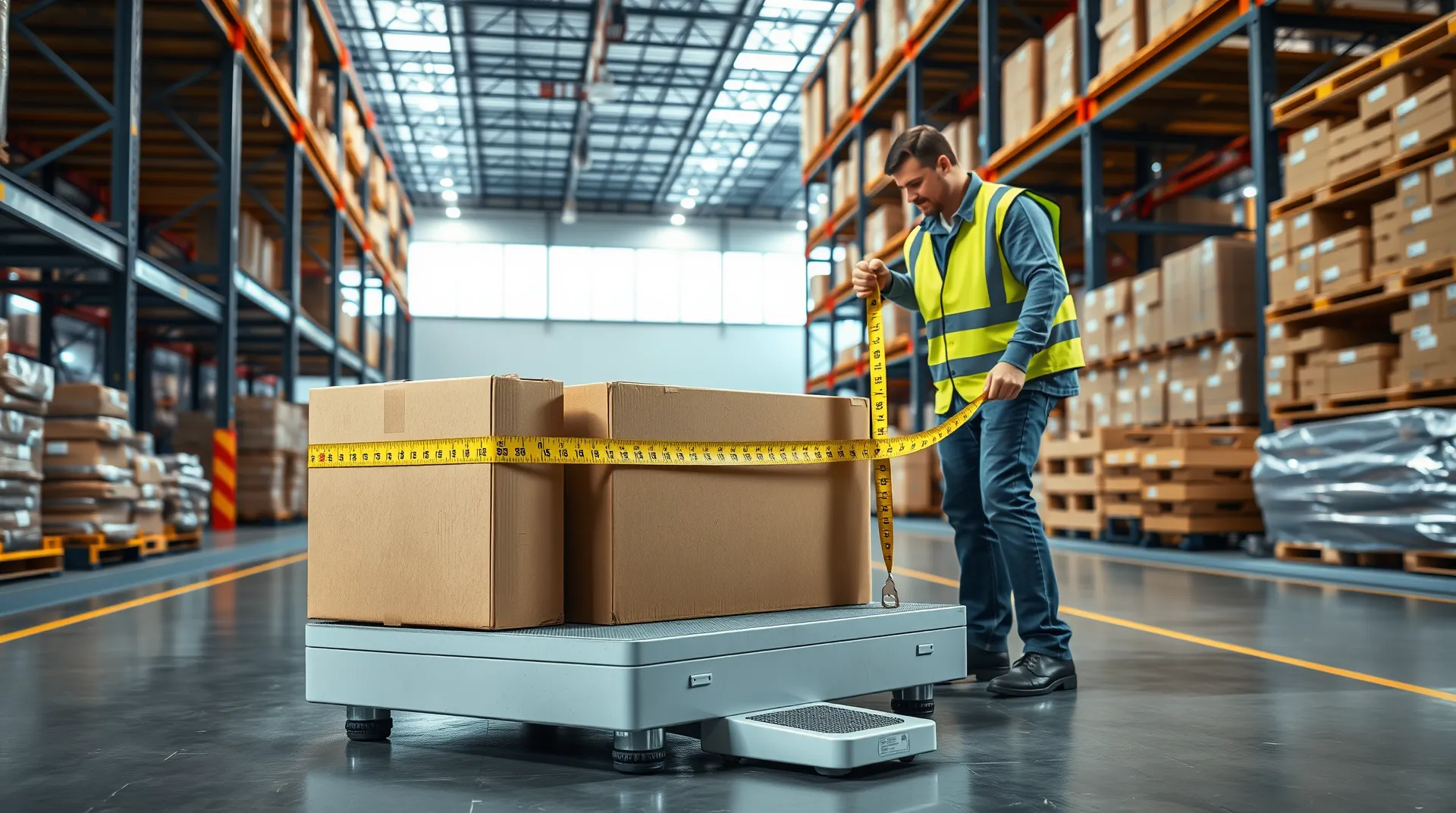 Warehouse worker measuring an oversized box on a floor scale to avoid the over maximum limits fee in 2026