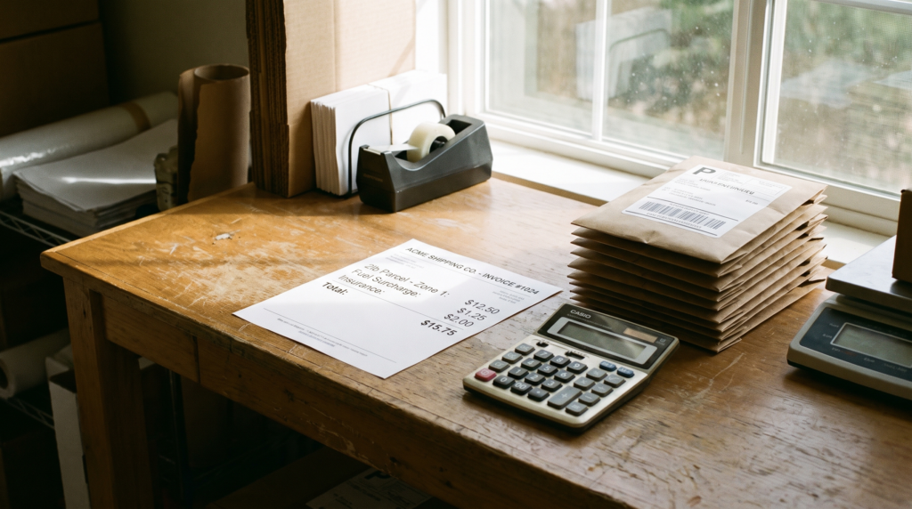 Sales tax on shipping shown as an itemized delivery charge on a small business invoice beside parcels