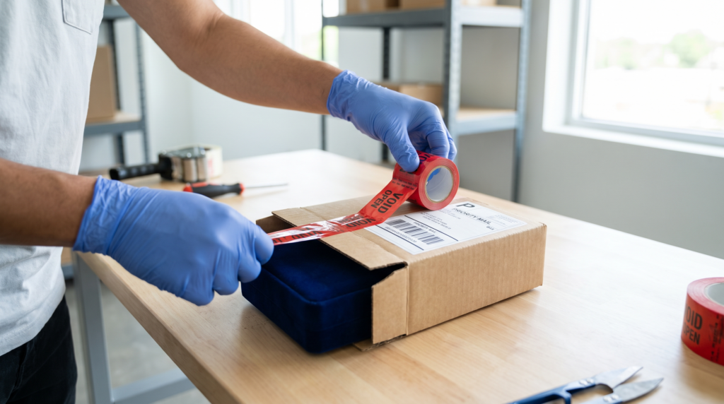 Sealing a padded box with a jewelry case before shipping jewelry with declared value coverage in 2026