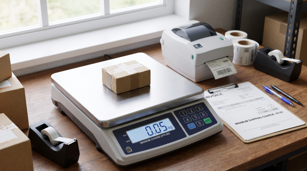 A small, lightweight package on a shipping scale next to an invoice showing the 2026 minimum shipping charge