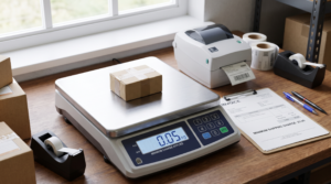 A small, lightweight package on a shipping scale next to an invoice showing the 2026 minimum shipping charge