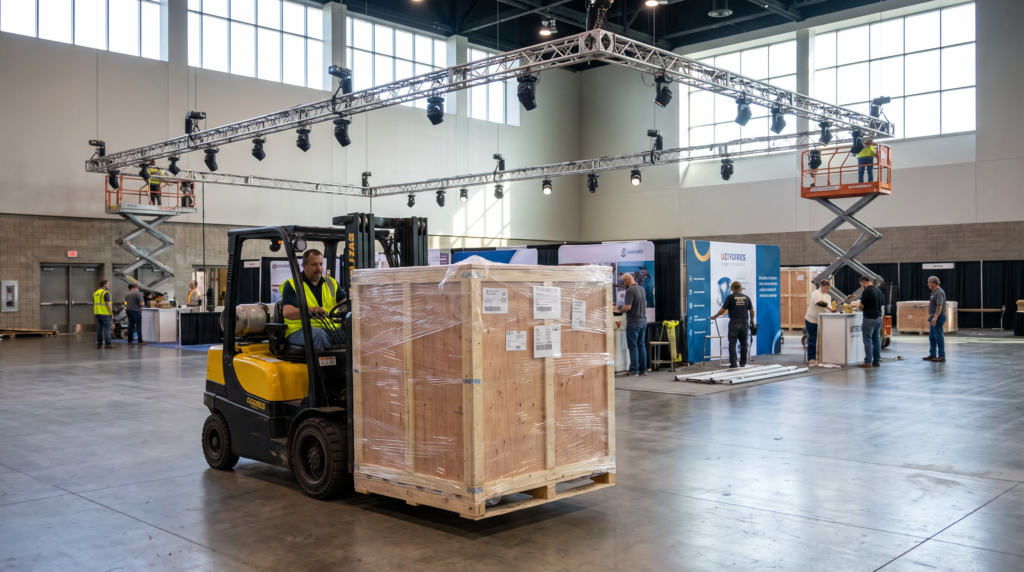 Forklift moving an exhibit crate across a convention center hall, illustrating trade show shipping costs and drayage